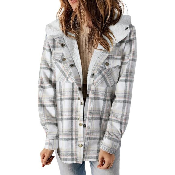 Womens Plaid Fleece Hooded Jacket Medium Long Sleeve Button Down Casual